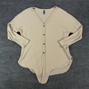IWOLLENCE Beige Waffle Knit Tie Front Button Up V-Neck Top Womens XS Long Sleeve
